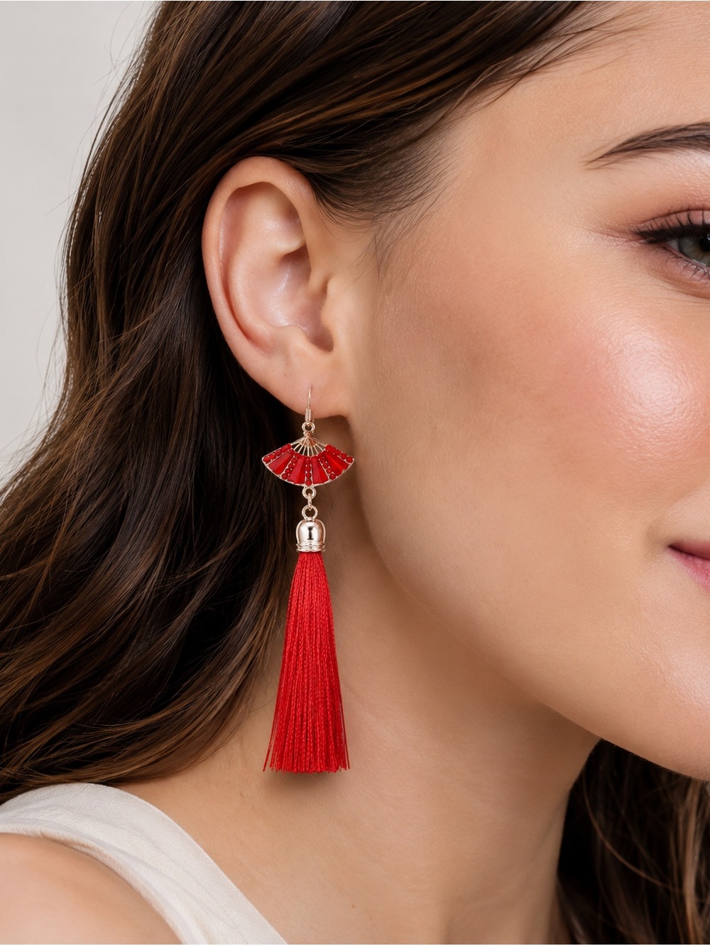 Red Fan Tassel Drop Earrings - Women Jewelry
